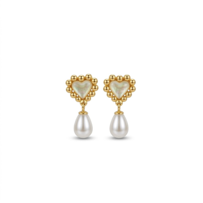 Pearl Heart Beaded Drop Stud Earrings 18K Gold Plated – Elegant Jewelry