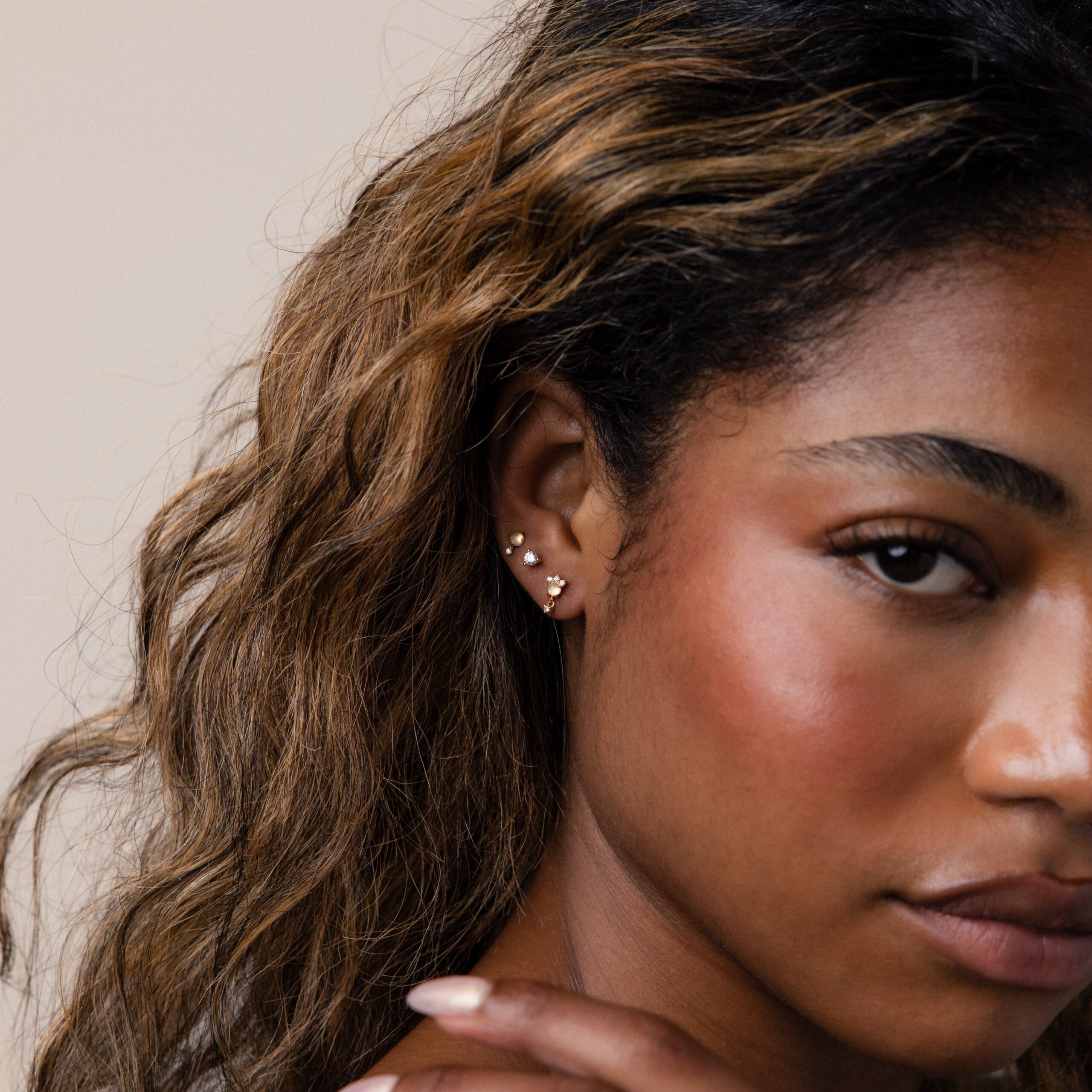 Halo Moonstone Drop Studs in 18K Gold - Image 8