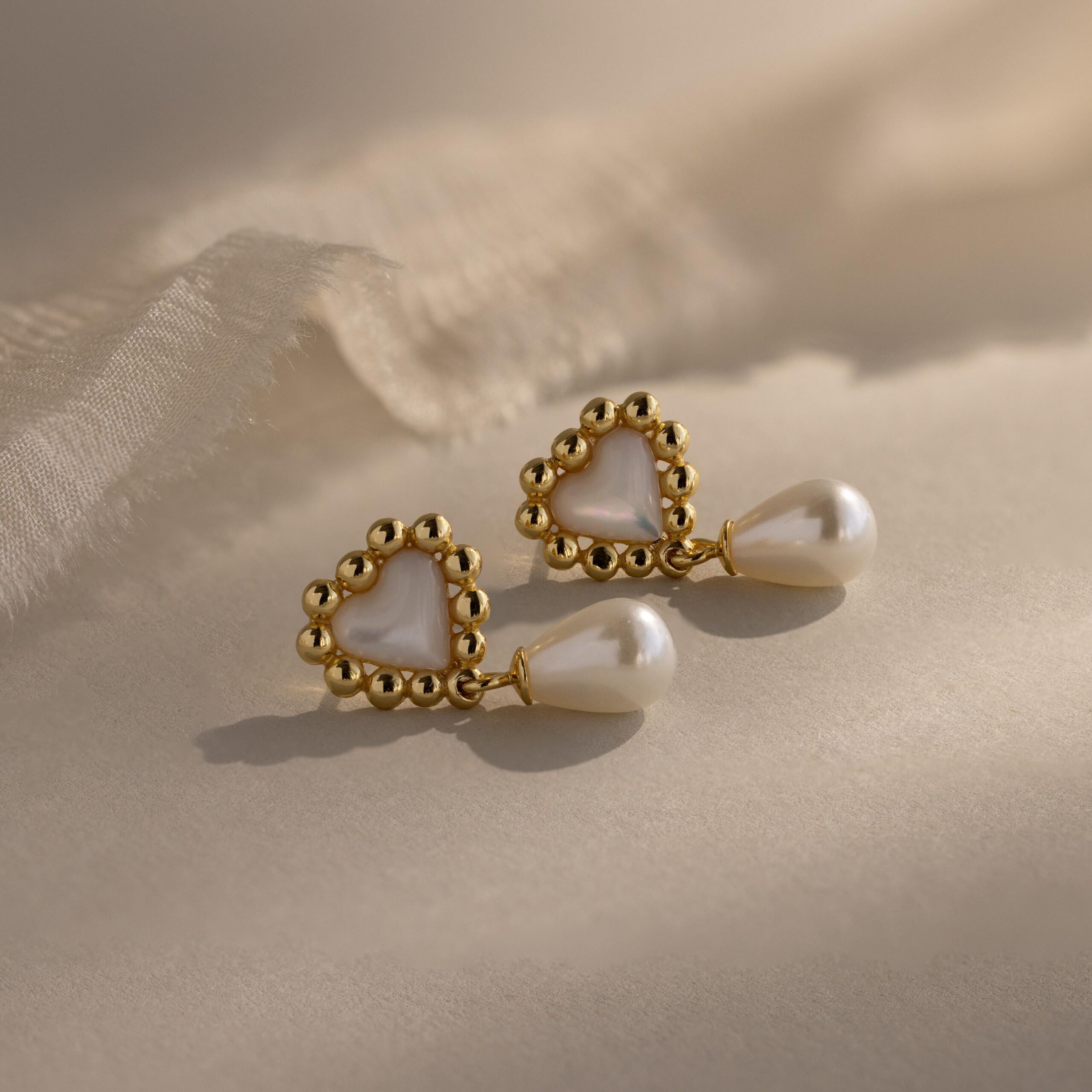 Pearl Heart Beaded Drop Studs in 18K Gold - Image 3