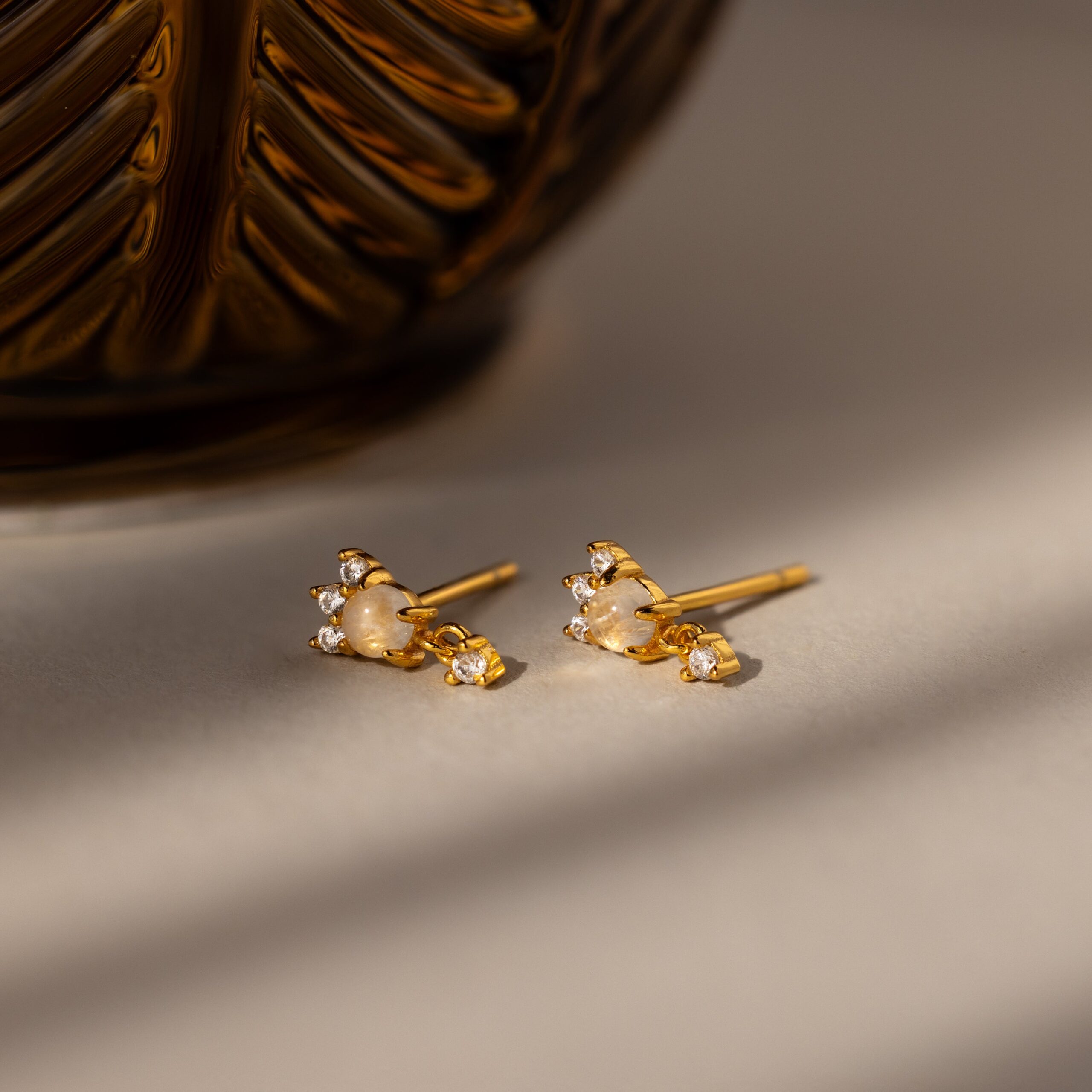Halo Moonstone Drop Studs in 18K Gold - Image 3