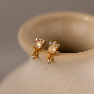 Halo Moonstone Drop Studs in 18K Gold