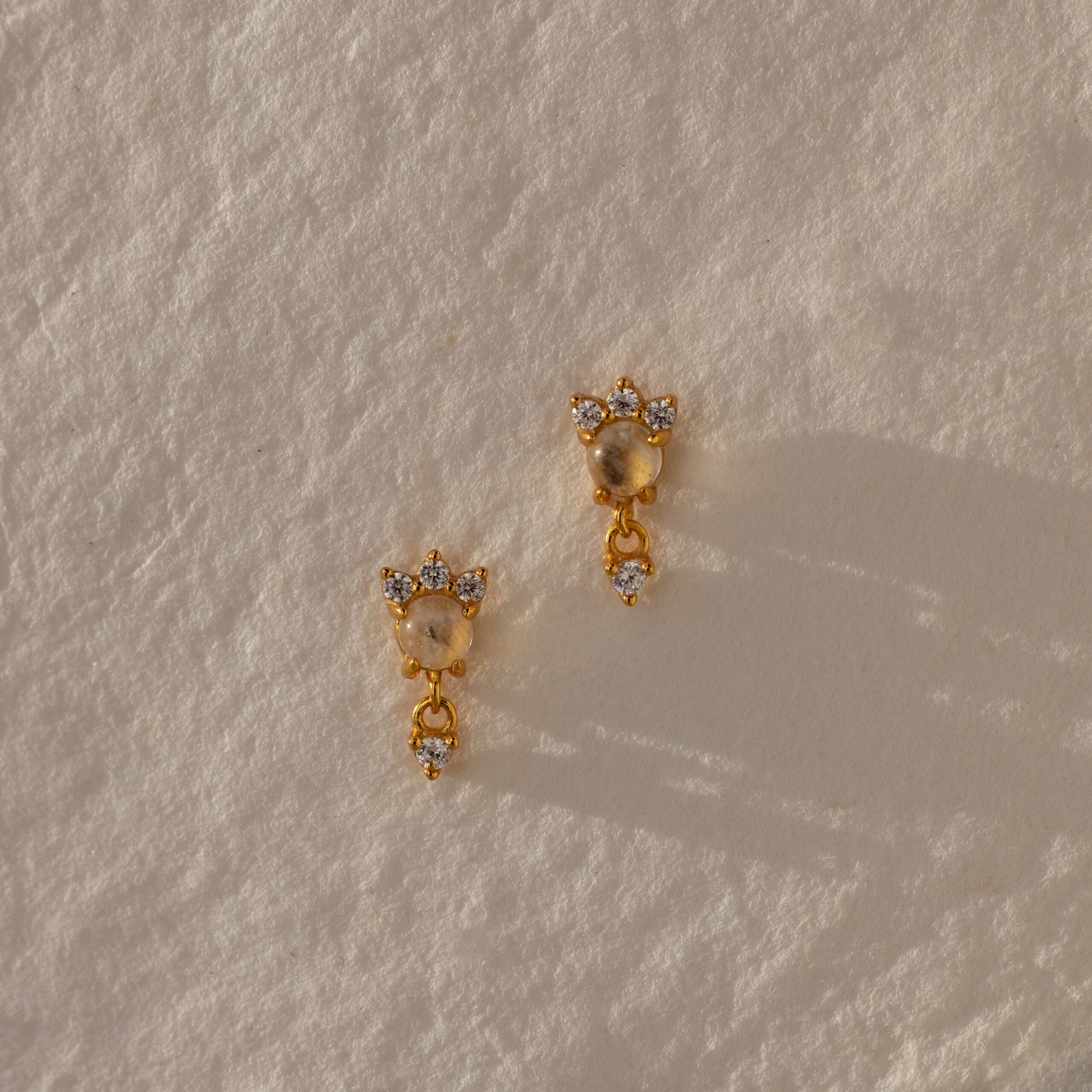 Halo Moonstone Drop Studs in 18K Gold - Image 5