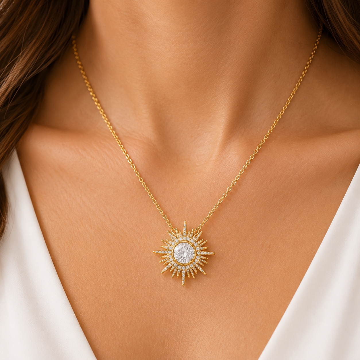 18K Gold Plated Sunburst Necklace for Women – CZ Pendant - Image 3