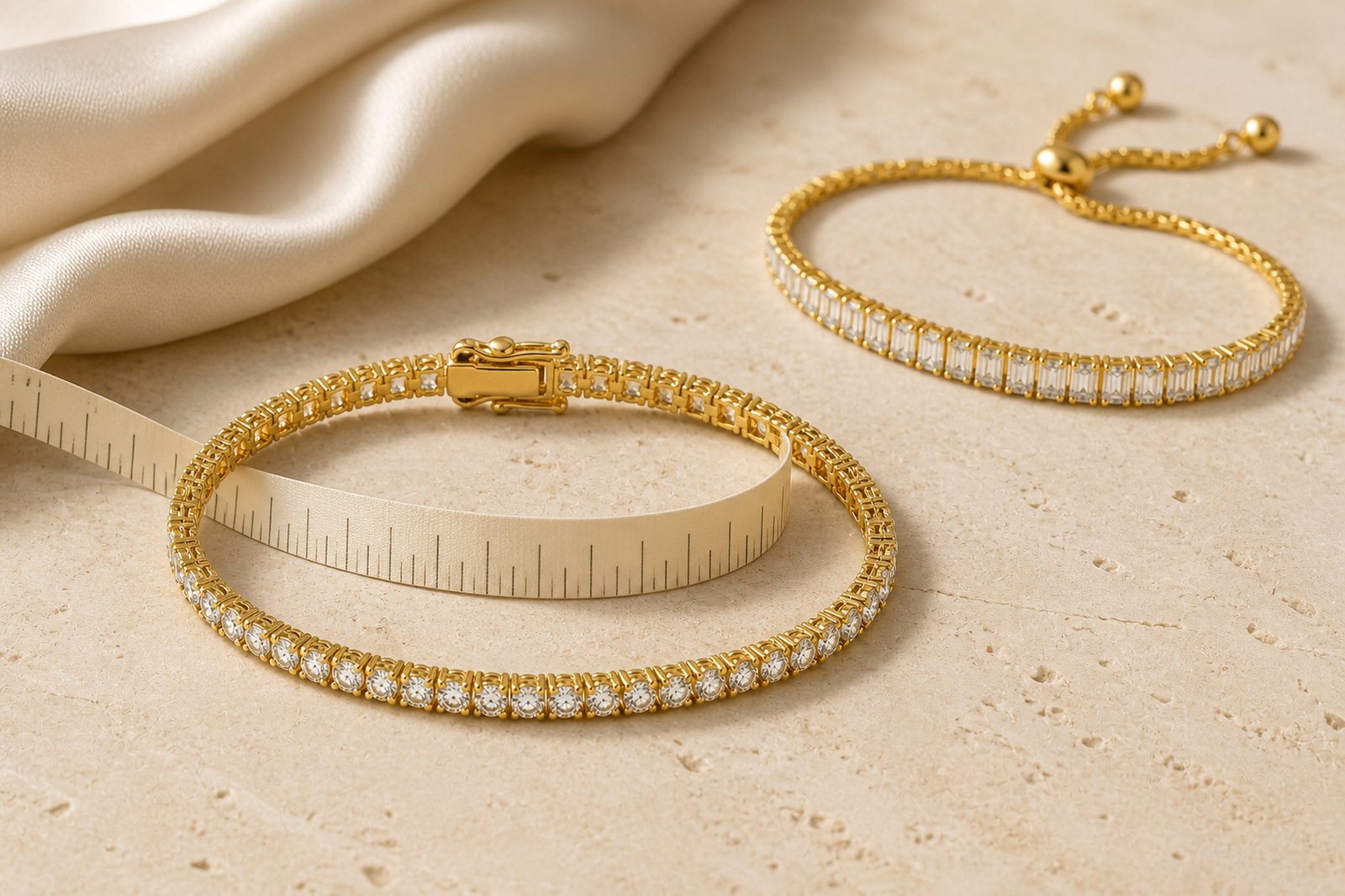 Gold tennis bracelets arranged with a cream measuring tape on ivory stone