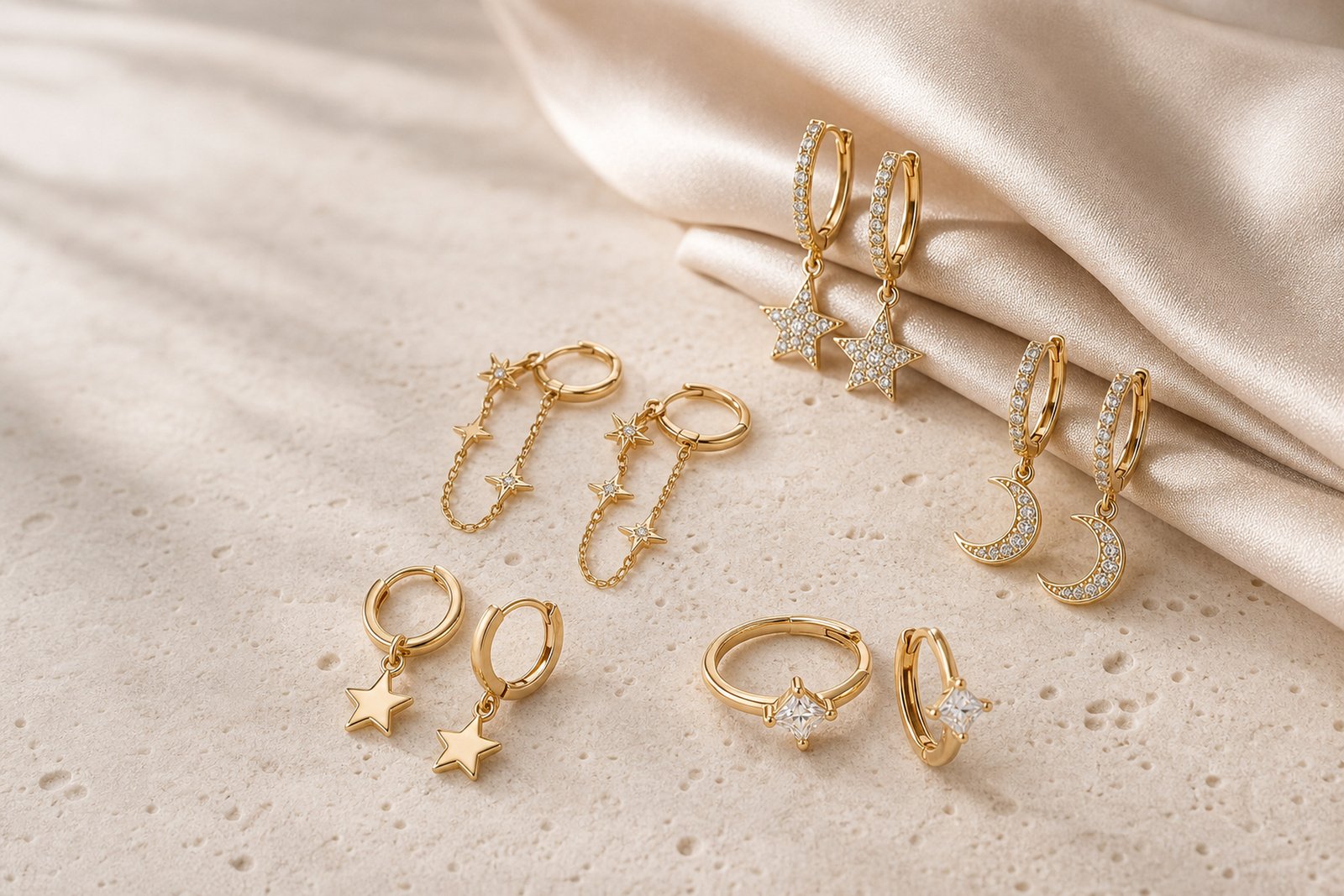 Gold star huggie hoop earrings arranged on ivory stone and champagne silk