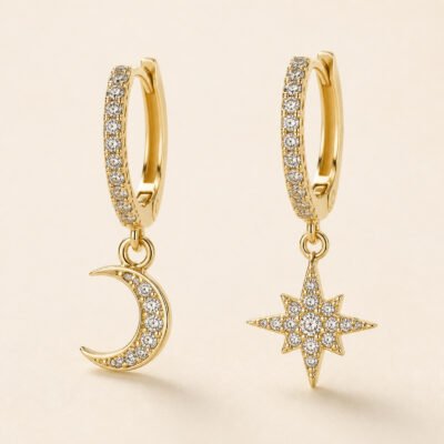 Asymmetric Moon & Star Huggie Hoop Earrings – 18K Gold Plated