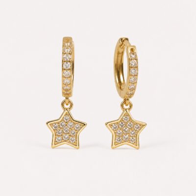 Pavé Star Charm Huggie Hoop Earrings – 18K Gold Plated