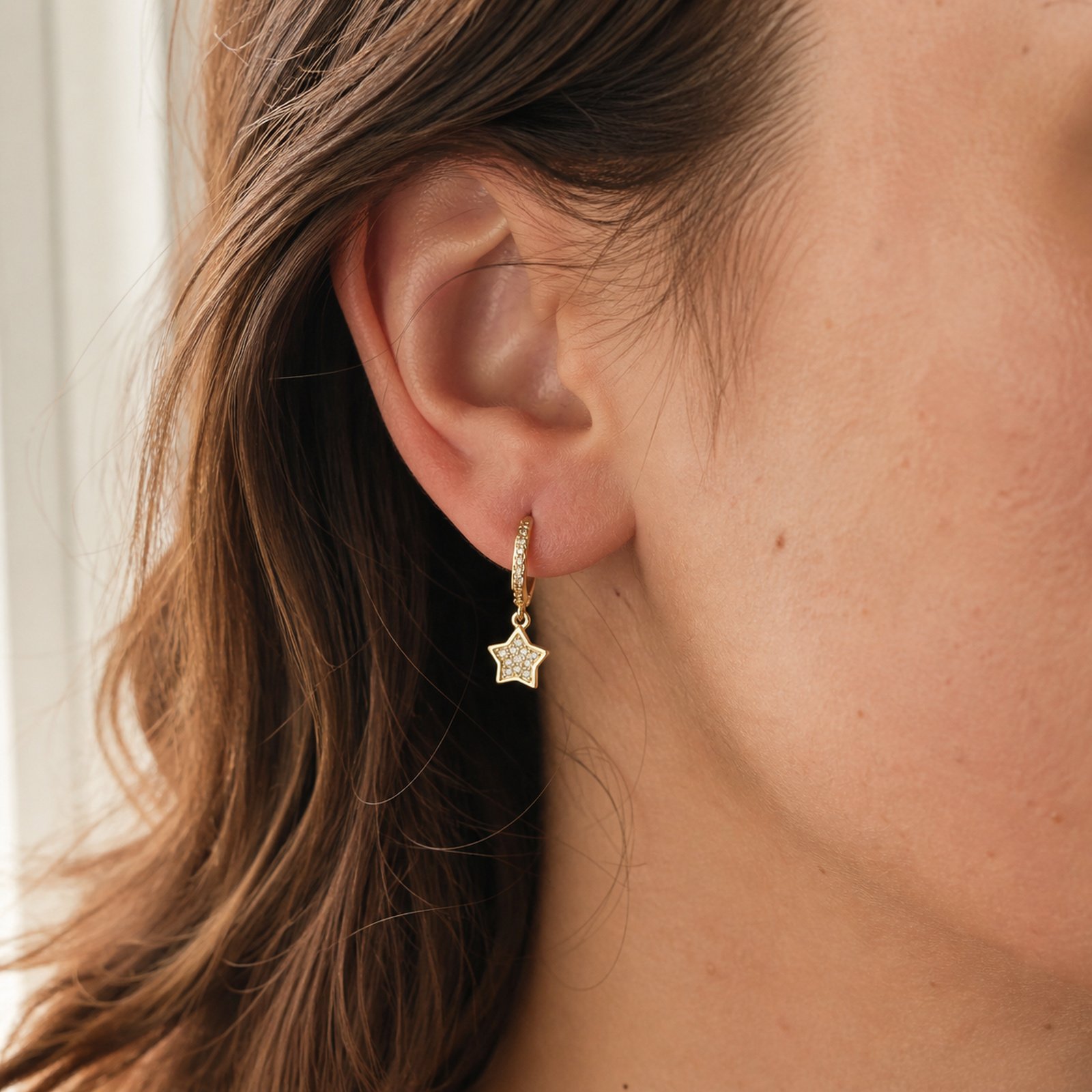 Pavé Star Charm Huggie Hoop Earrings – 18K Gold Plated - Image 2