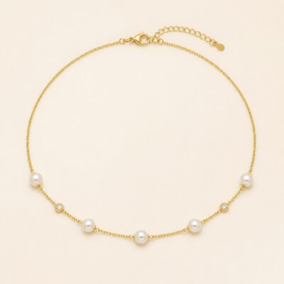 Pearl & CZ Station Necklace – 18K Gold Plated