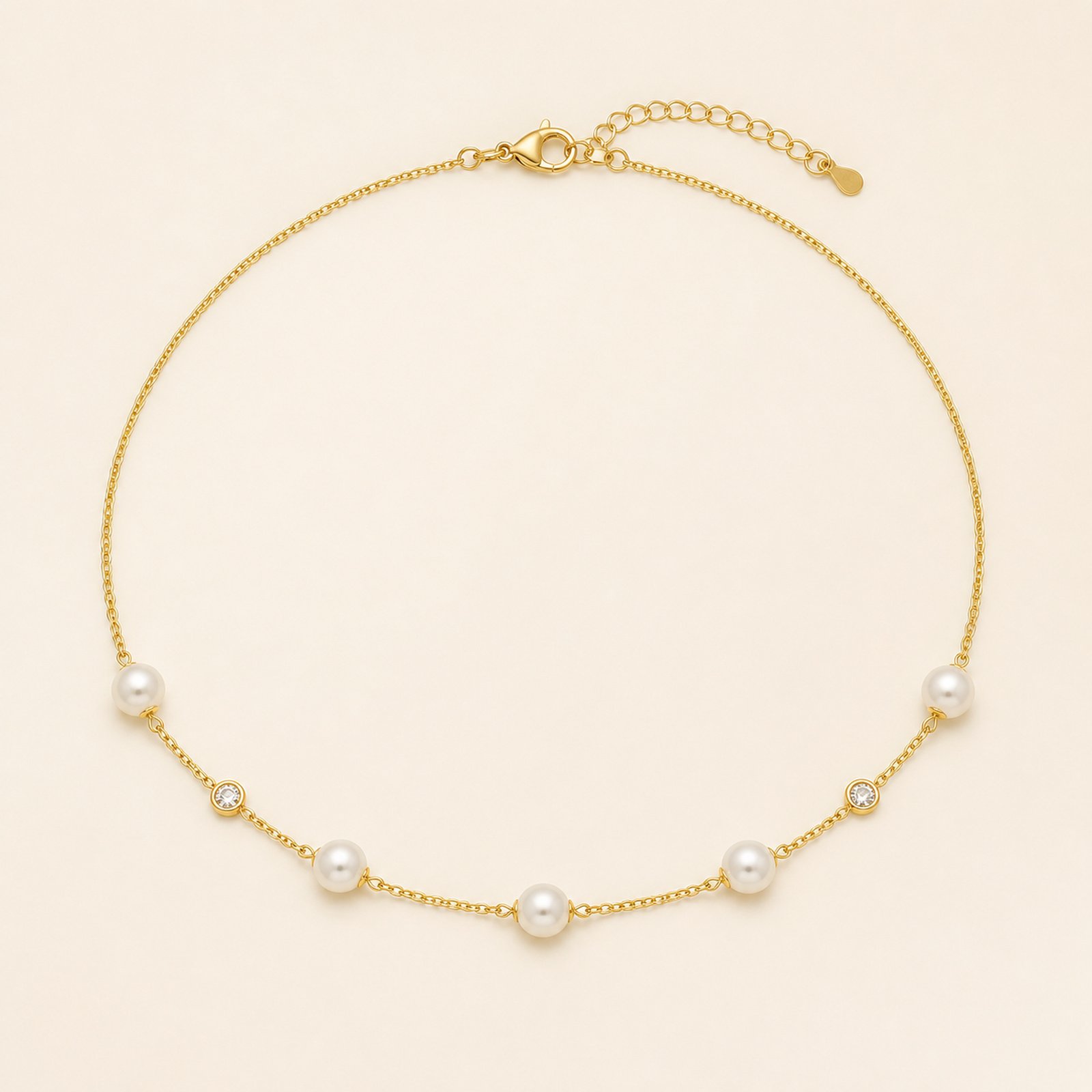 Pearl & CZ Station Necklace – 18K Gold Plated