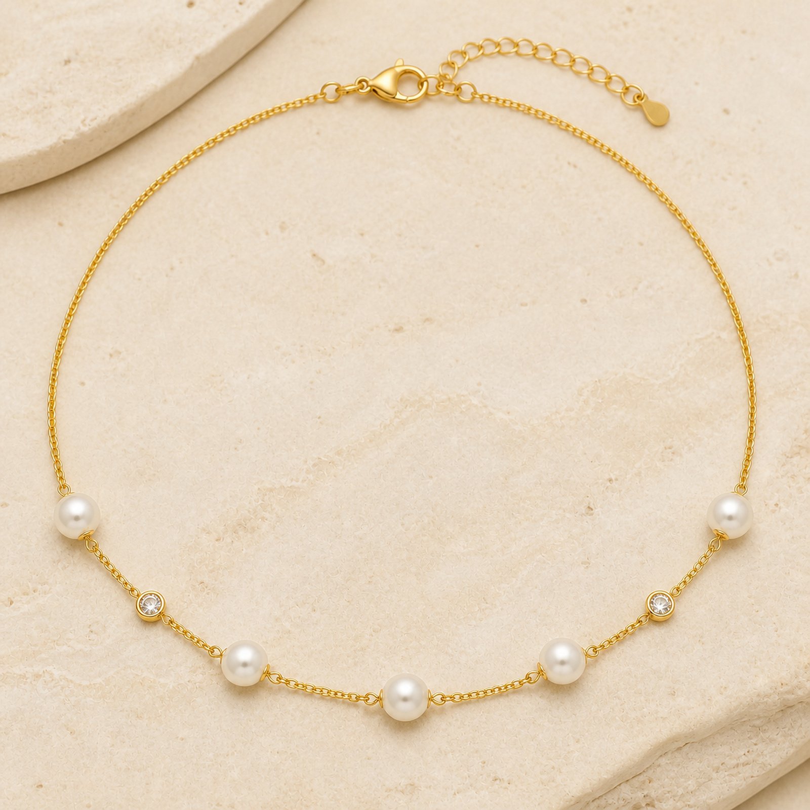 Pearl & CZ Station Necklace – 18K Gold Plated - Image 2