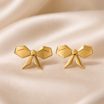 Ribbon Bow Stud Earrings – 18K Gold Plated