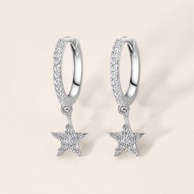Silver Pavé Star Charm Huggie Hoop Earrings