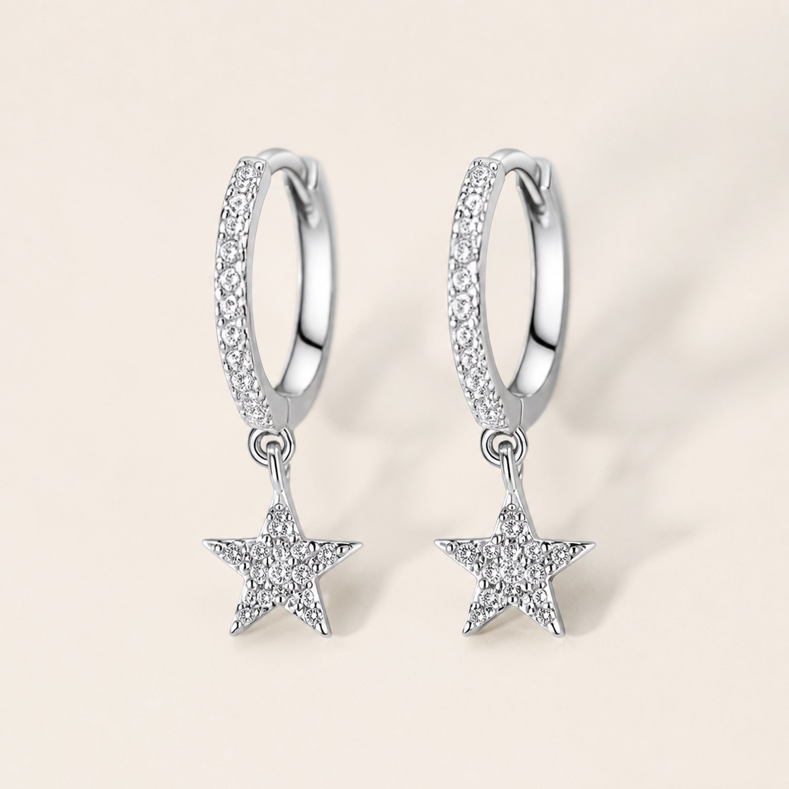 Silver Pavé Star Charm Huggie Hoop Earrings
