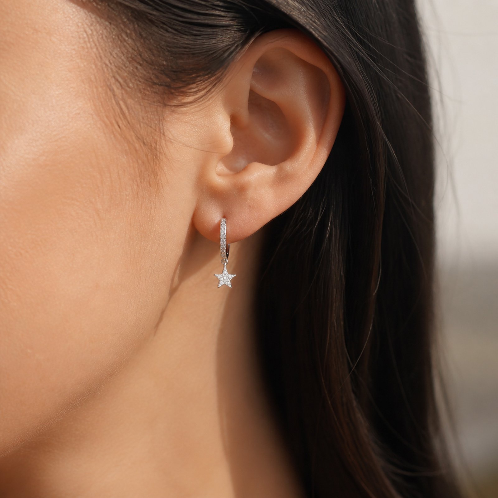 Silver Pavé Star Charm Huggie Hoop Earrings - Image 2