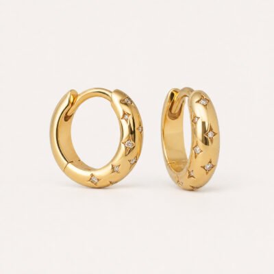 Starburst Pavé Huggie Hoop Earrings – 18K Gold Plated