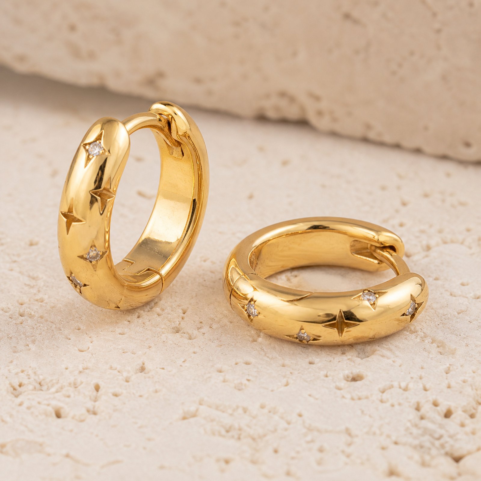 Starburst Pavé Huggie Hoop Earrings – 18K Gold Plated - Image 5