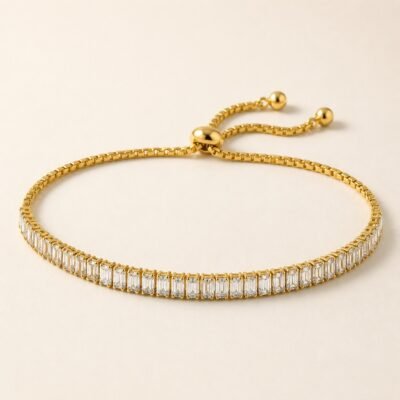 Adjustable Baguette CZ Tennis Bracelet – 18K Gold Plated