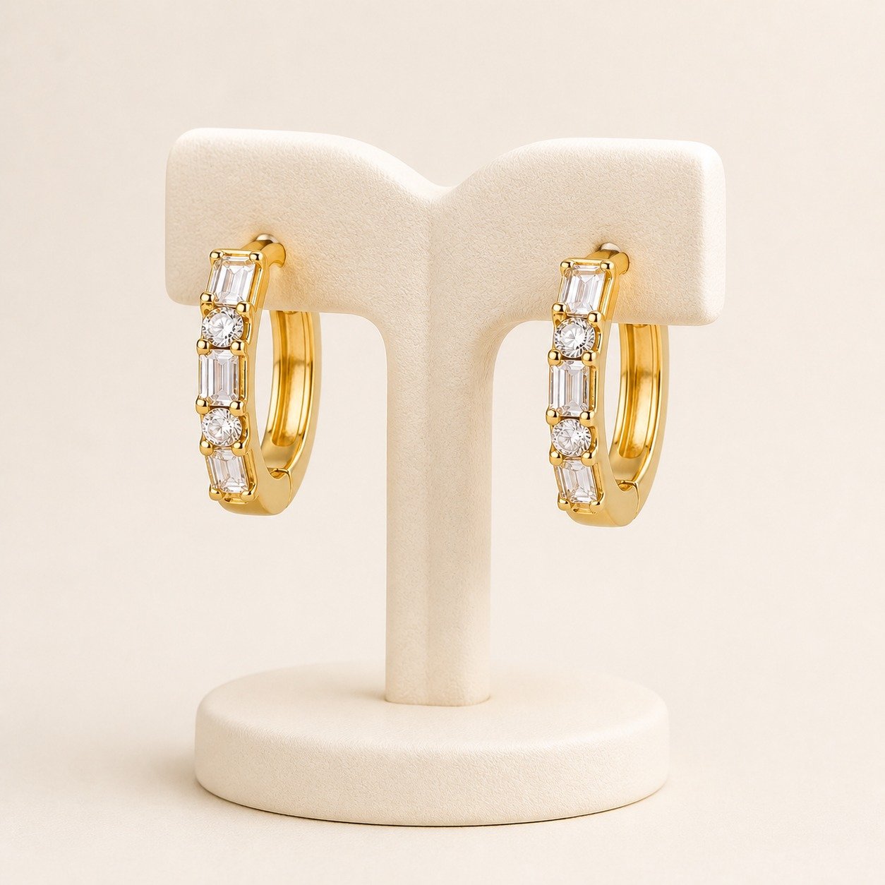 Baguette & Round CZ Huggie Earrings – 18K Gold Plated - Image 3