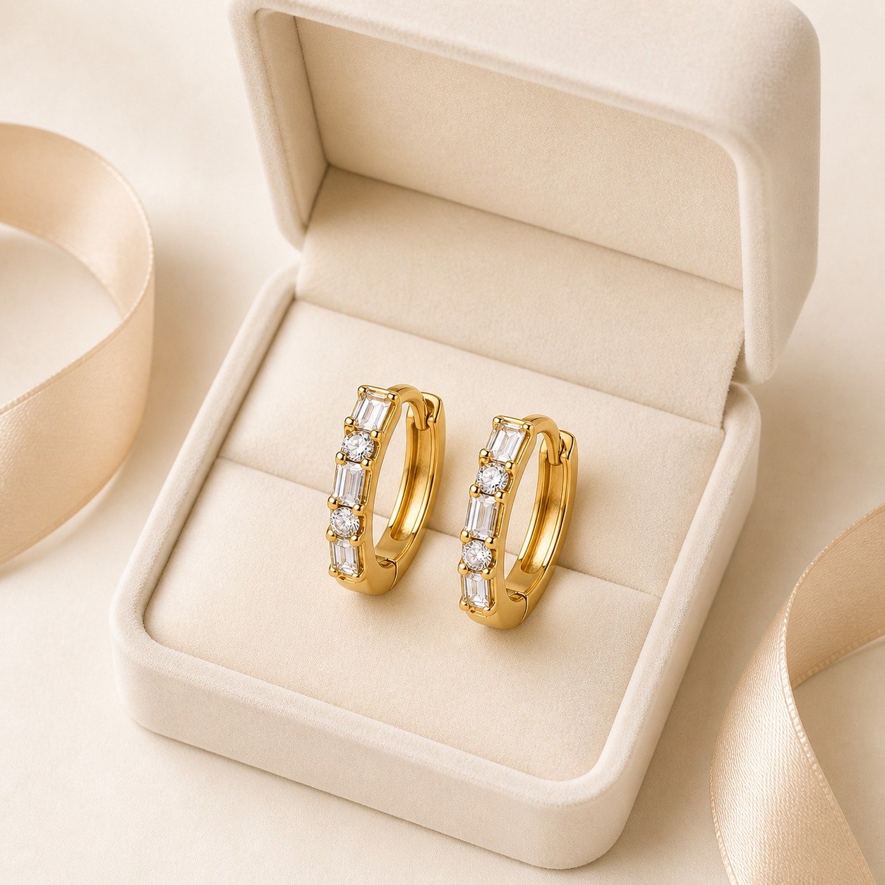 Baguette & Round CZ Huggie Earrings – 18K Gold Plated - Image 5