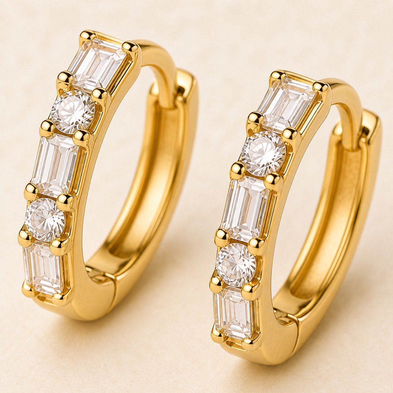 Baguette & Round CZ Huggie Earrings – 18K Gold Plated - Image 2