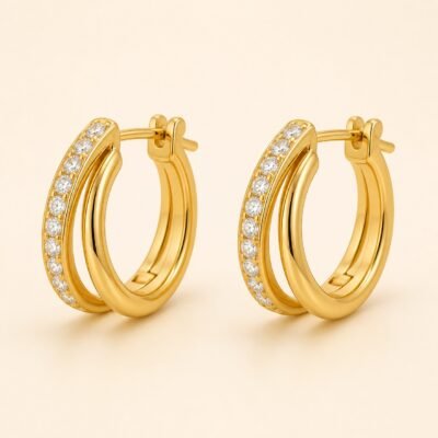 Double-Layer CZ Huggie Earrings – 18K Gold Plated