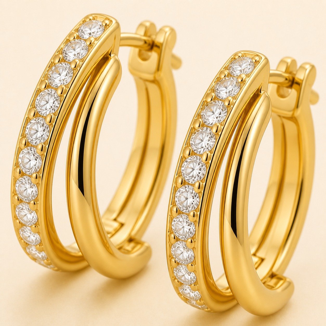 Double-Layer CZ Huggie Earrings – 18K Gold Plated - Image 2