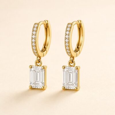 Emerald-Cut CZ Drop Huggie Earrings – 18K Gold Plated