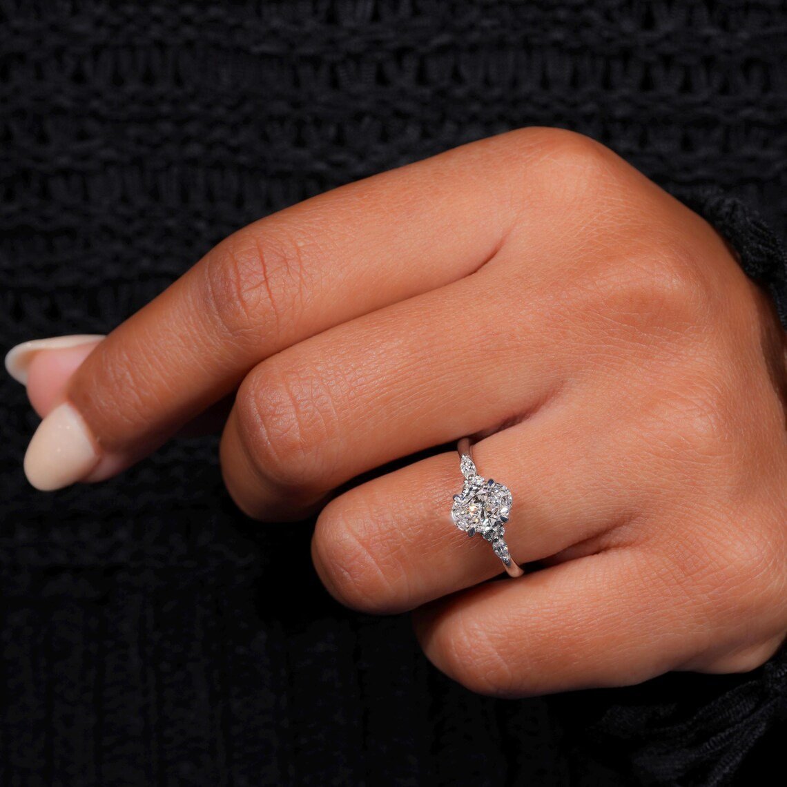 Oval Engagement Ring with Marquise Side Stones – Platinum Color - Image 3