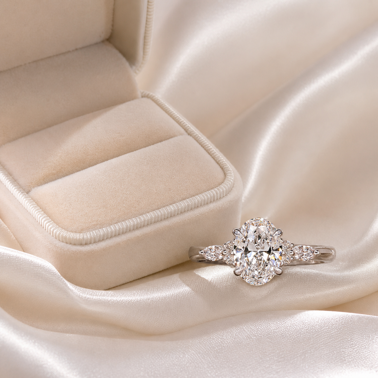 Oval Engagement Ring with Marquise Side Stones – Platinum Color - Image 5