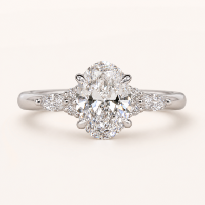 Oval Engagement Ring with Marquise Side Stones – Platinum Color
