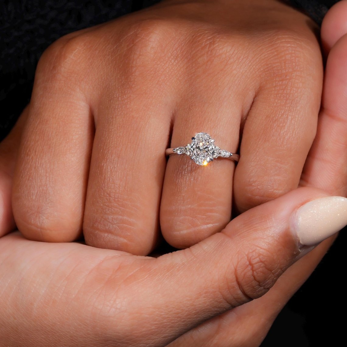 Oval Engagement Ring with Marquise Side Stones – Platinum Color - Image 4