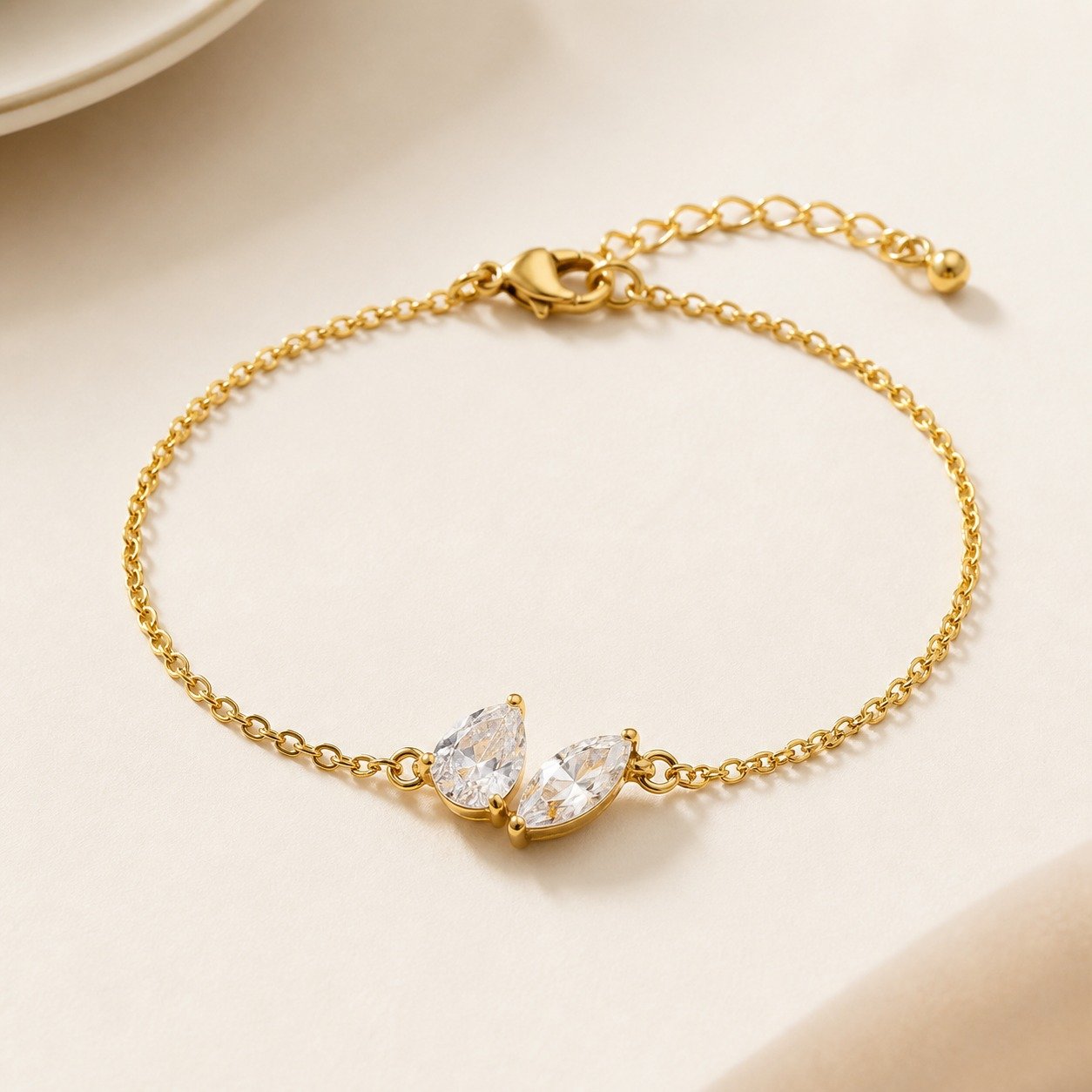 Pear & Marquise Two-Stone CZ Bracelet – 18K Gold Plated