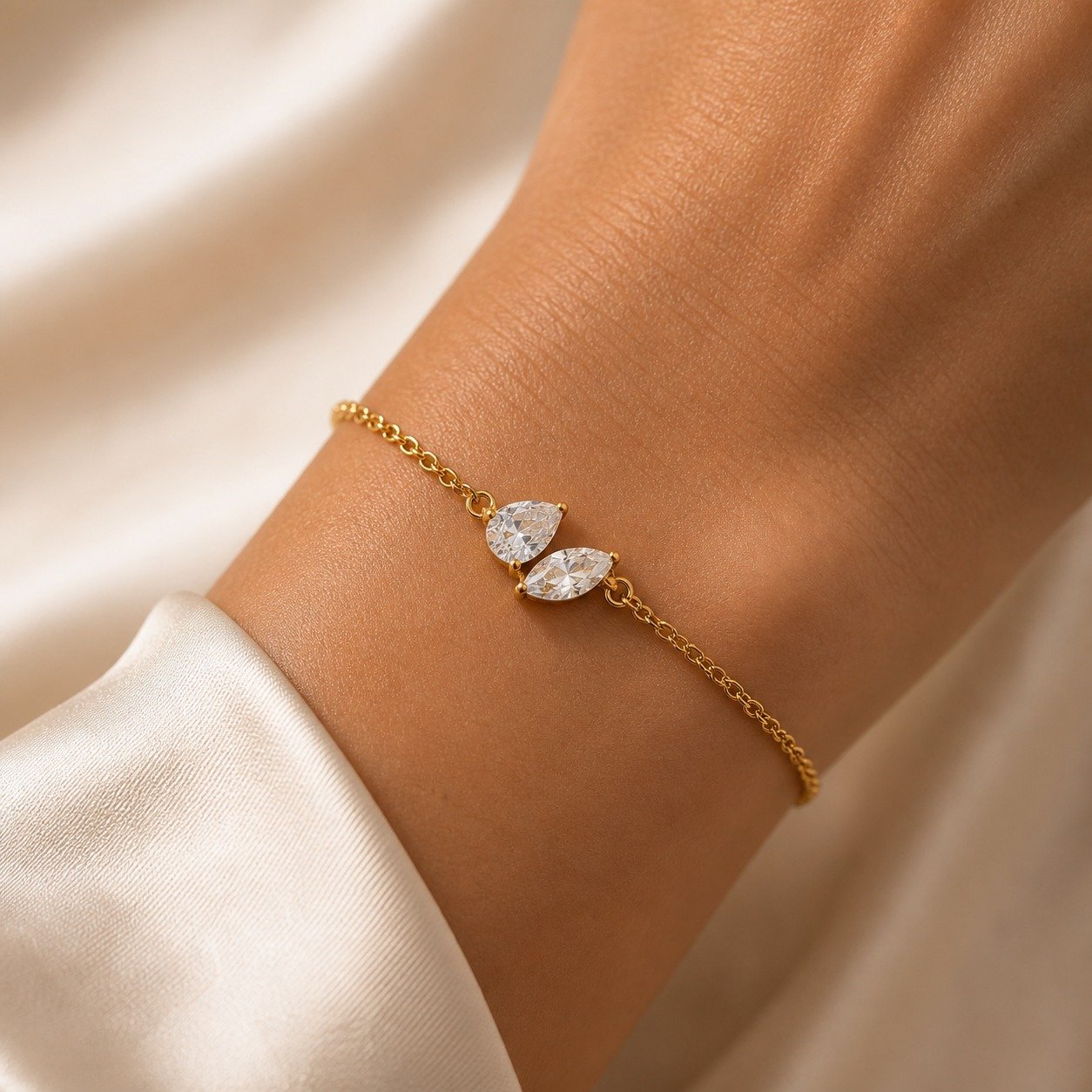 Pear & Marquise Two-Stone CZ Bracelet – 18K Gold Plated - Image 4