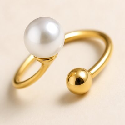Close-up of pearl open ring in 18K gold-plated finish