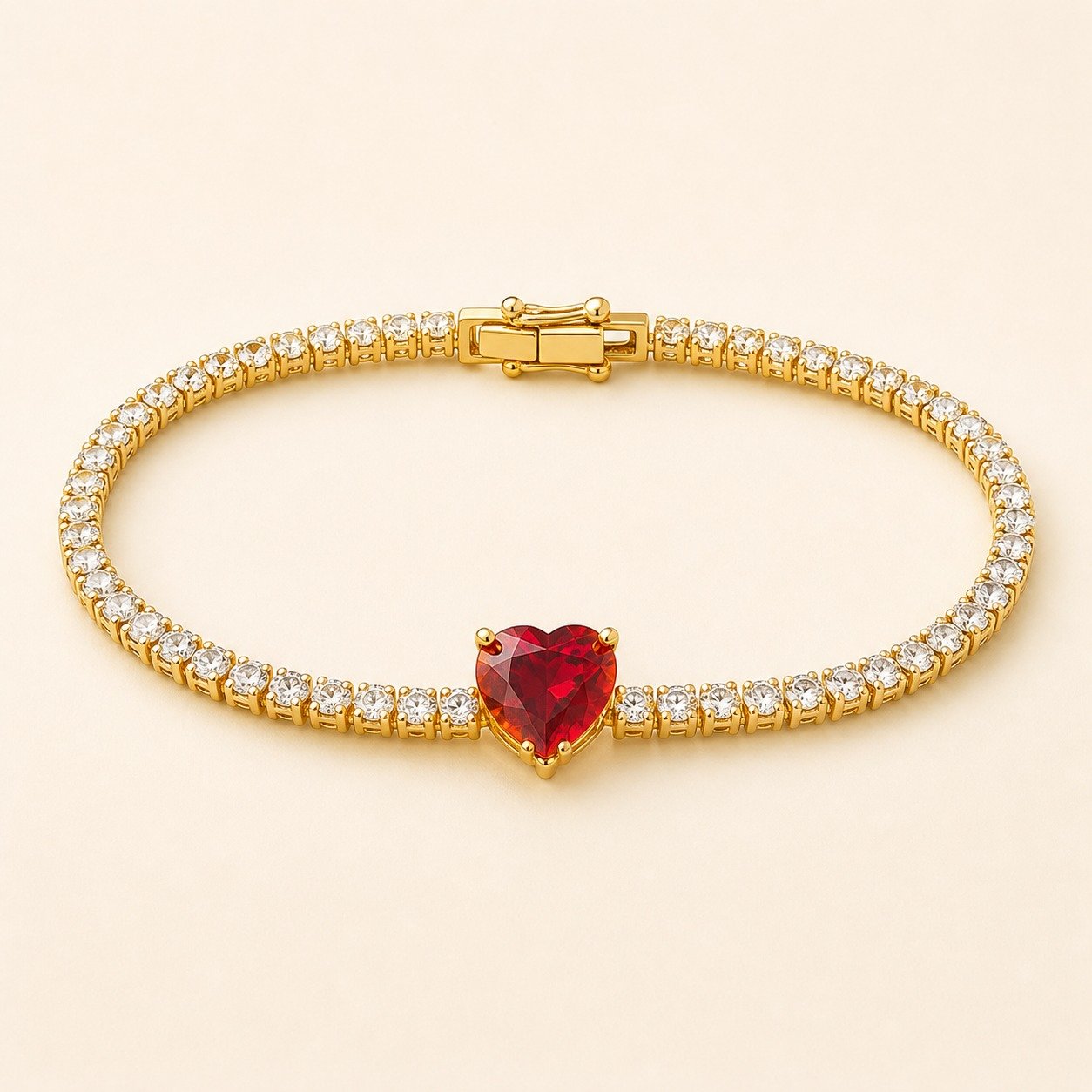 Red Heart CZ Tennis Bracelet – 18K Gold PVD