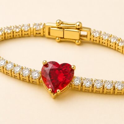 Close-up of red heart CZ tennis bracelet in 18K gold PVD finish