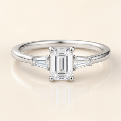 Three-Stone Emerald-Cut Moissanite Engagement Ring – 925 Silver