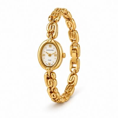 Michel Jurdain oval gold-tone bracelet watch on a white background