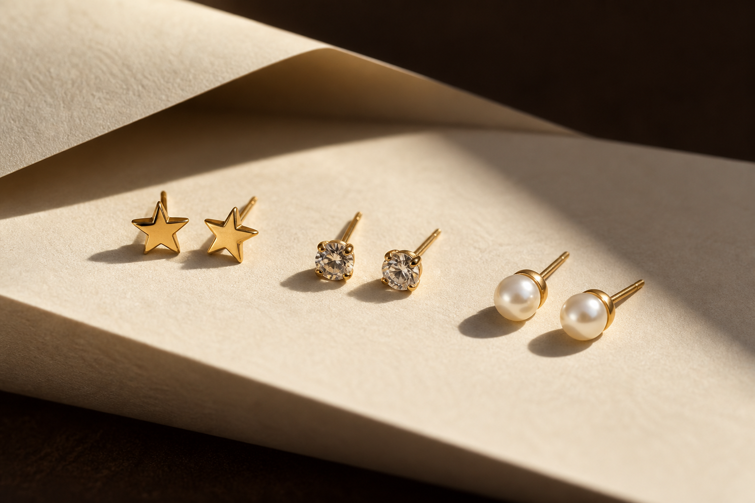 Illustrative gold-tone star, pearl-style and clear-stone stud earrings arranged on ivory paper